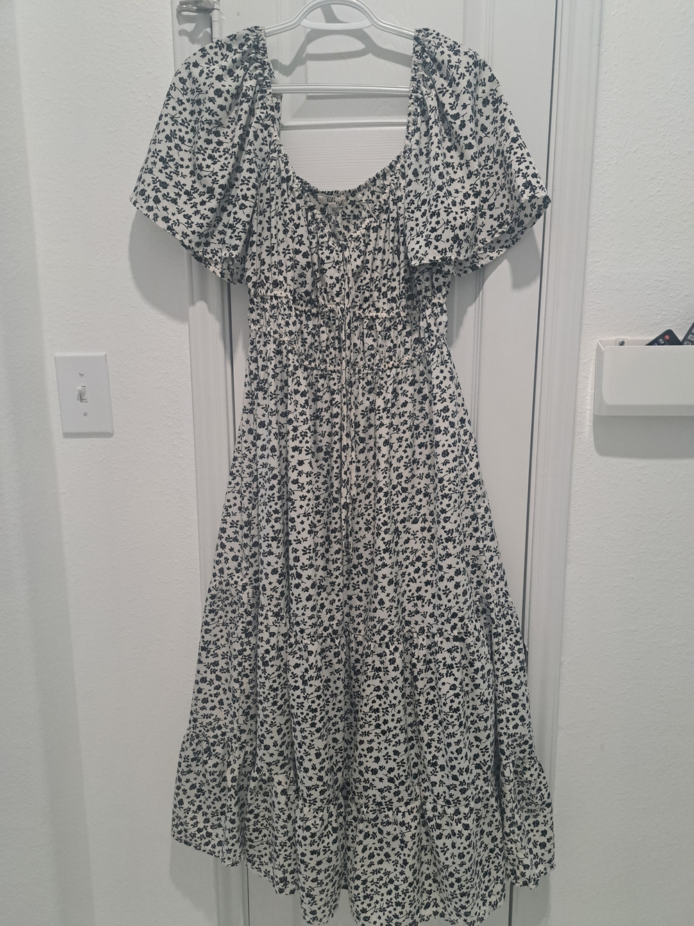 Black and White Floral Midi Dress with Smocked Bodice